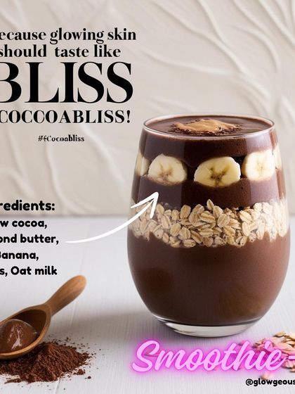 This Cocoa Bliss smoothie is a delicious way to get glowing skin. It's made with raw cacao, almond butter, banana, and oats. The ingredients are rich in antioxidants and magnesium, which help reduce stress and promote smooth, healthy skin.