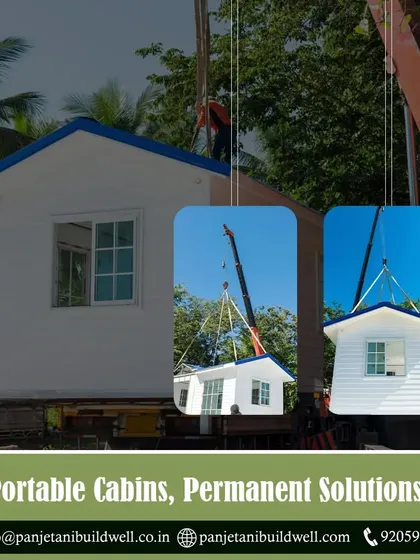 A portable cabin home being installed by a crane. We provide permanent solutions through portable and modular construction, offering versatile and high-quality living or working spaces.