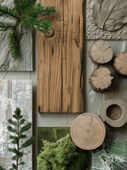 Imagine the warmth of wood, the calm of stone, and a touch of green bringing it all to life. This material board feels like stepping into a peaceful, natural escape.