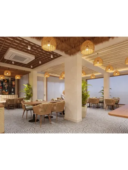Another angle of the cafe, highlighting the different seating zones and the thatched ceiling details that enhance the natural, earthy vibe.