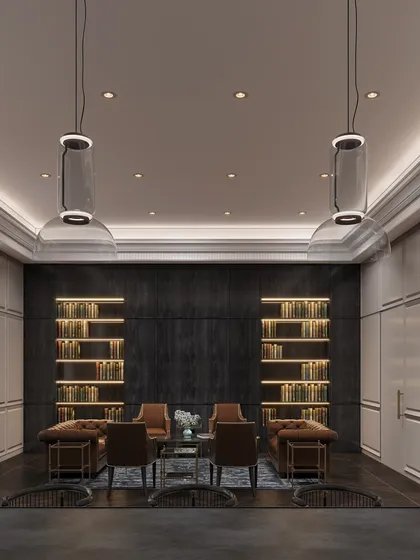 In the office for the Chief Justice of India, bespoke bookshelves are integrated into veneer-panelled walls. The design combines classic elegance with functional storage, creating a sophisticated and scholarly atmosphere.