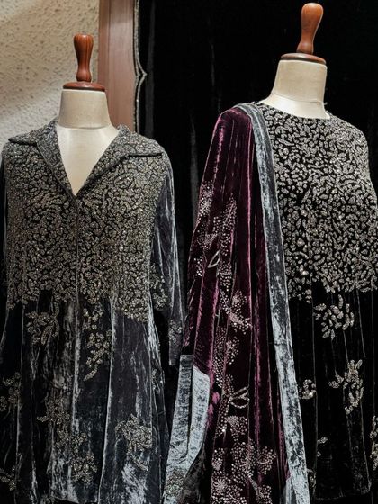 Two stunning velvet ensembles by Peachoo, showcasing the designer's mastery of texture and embellishment.
