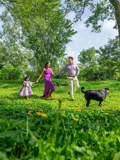 A family of four, including their black Lab, walks hand-in-hand through a lush green field. This wide shot captures the feeling of a perfect day out, creating a timeless family portrait.