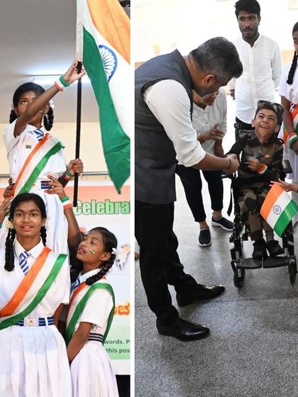 A student in a wheelchair proudly holds the Indian flag during a performance. This image captures the unbreakable spirit and patriotism that defines these incredible children.
