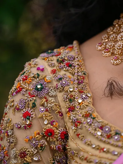 A collection of detailed shots focusing on the diverse and intricate embroidery of my custom blouses. These images highlight the fine craftsmanship, luxurious materials, and unique designs that define my work.