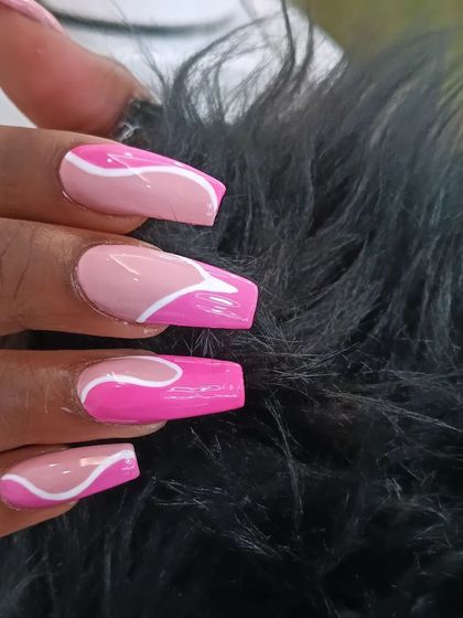 A close-up of the abstract pink and white swirl design.