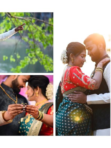 A collage from a Marathi engagement, highlighting the ring exchange and romantic couple portraits. This captures the key moments and emotions of the ceremony.