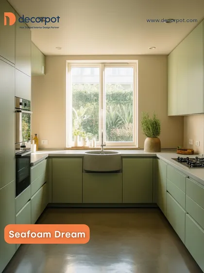 This kitchen is a breath of fresh air, designed in a calming seafoam green. The U-shaped layout maximizes counter space, while the minimalist, handleless cabinets create a clean and uncluttered look. It’s a perfect example of how neutral tones can create a serene and timeless heart of the home.