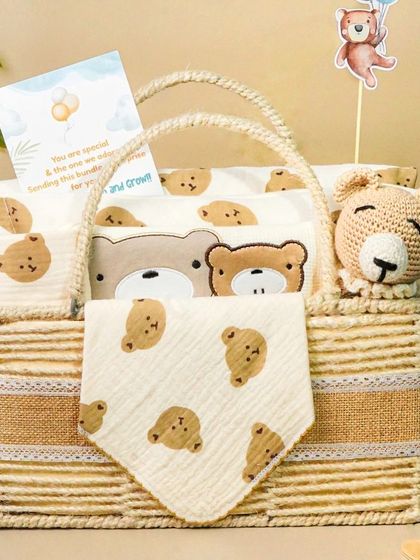 A bear-themed gift basket with a personalized card. This shot shows how the hamper looks when fully assembled and ready to be gifted.