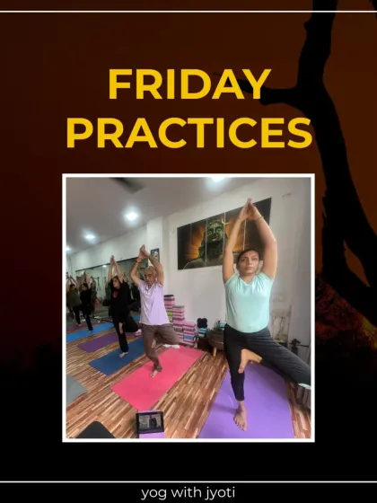 Flow into Friday with calmness and strength. This collage shows students in various balancing poses like Tree Pose.