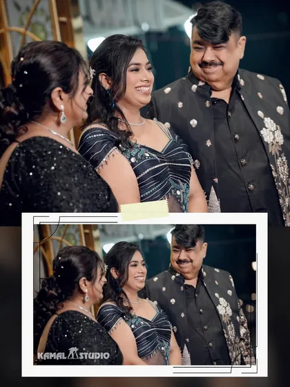 A heartwarming family moment from a cocktail party, with the bride sharing a laugh with her parents.