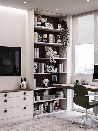 This room features a large, built-in bookshelf and a TV unit, making it a great space for both study and entertainment.