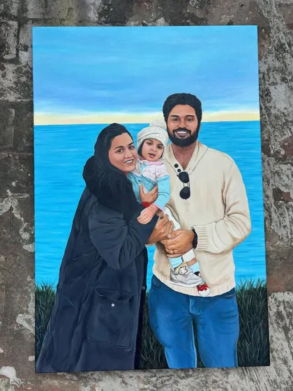 This is the final painting from my biggest commission yet, a beautiful family portrait against a serene beach backdrop. It shows that I can handle large-scale, meaningful pieces for your home.