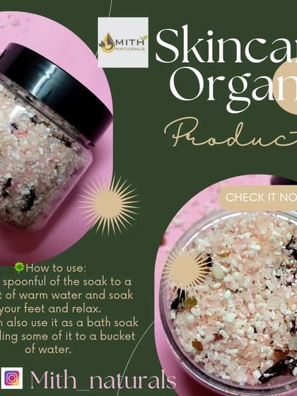 A graphic showing how to use my Rose Bath and Foot Soak Salt. Just a spoonful in warm water is enough to relax your feet or for a full bath, soothing your muscles and your mind.