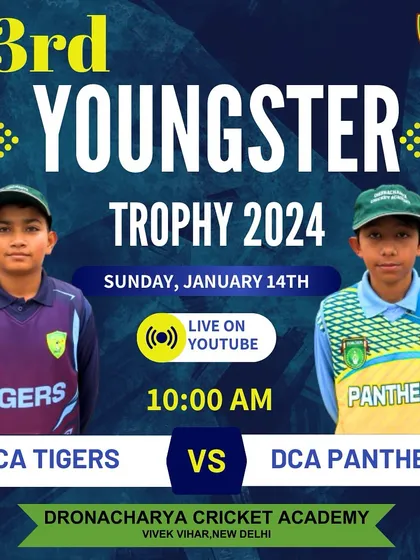 The match-day poster for the first match of the day between DCA Tigers and DCA Panthers.