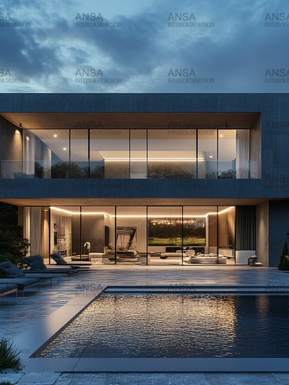 A minimalist masterpiece. This modern home features a stark concrete frame, floor-to-ceiling glass, and a tranquil pool, creating a powerful statement of understated luxury.