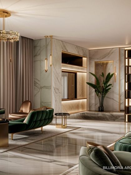 Polished marble floors reflect the natural light, making this spacious living room feel even more open and airy. We used a combination of recessed and statement lighting to create different moods, with green velvet furniture adding a touch of color and opulence.