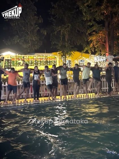 The group having fun by the pool at night at the homestay, a great way to unwind after a day of trekking.