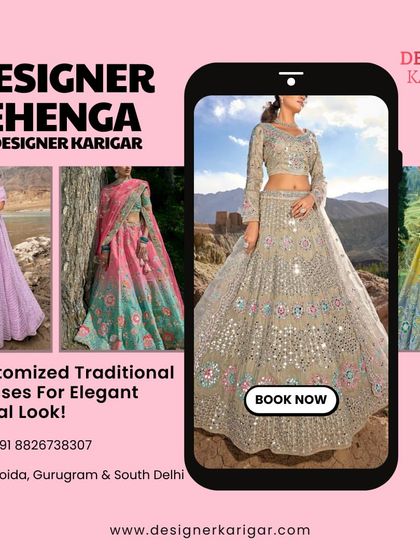 Ready to design your elegant bridal look? This graphic highlights some of the customized traditional dresses I've created. I serve clients in Noida, Gurugram, and South Delhi.