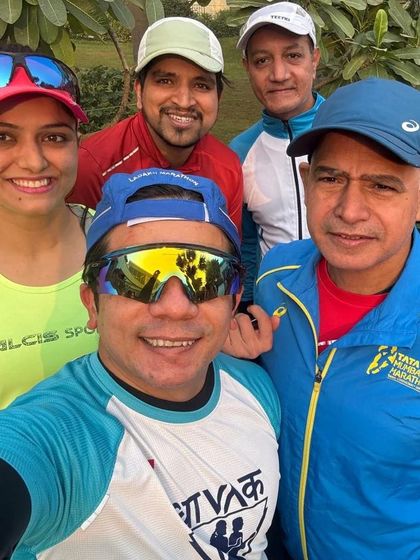 A happy group selfie during a 36km winter training run for the Neerathon. We train in all seasons, always supporting each other.