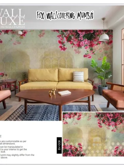 A similar 'Wall Luxe' design with bougainvillea, shown in a different room setting. The colors can be manipulated to match your interior.