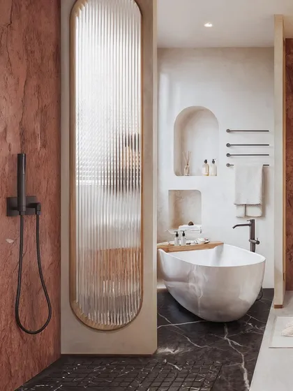 A bathroom where contrasting materials create a powerful statement. The render highlights the texture of the red stone shower wall against the black marble floor and the fluted glass partition.
