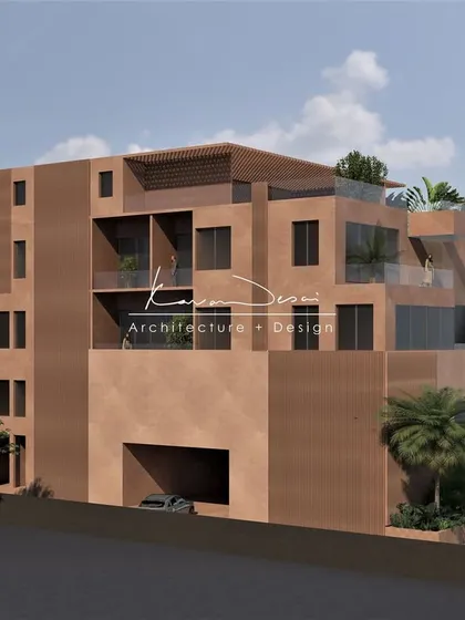 This perspective shows how the home interacts with its site. The lower level is anchored with large glass panels, creating a connection to the garden, while the upper levels feel more private and contained.