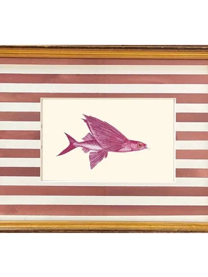 A whimsical flying fish illustration, framed with a hand-painted brown and white striped mount. This is part of my exploration into how framing can become an extension of the artwork itself.