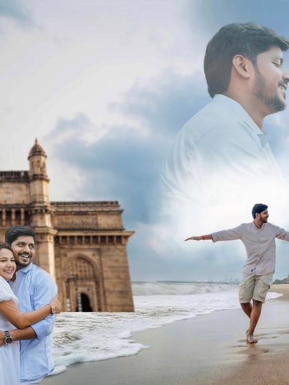 A creative edit combining a portrait with iconic Mumbai scenes like the Gateway of India and the beach. This style of composite image is a unique way to tell a couple's story and their connection to the city.