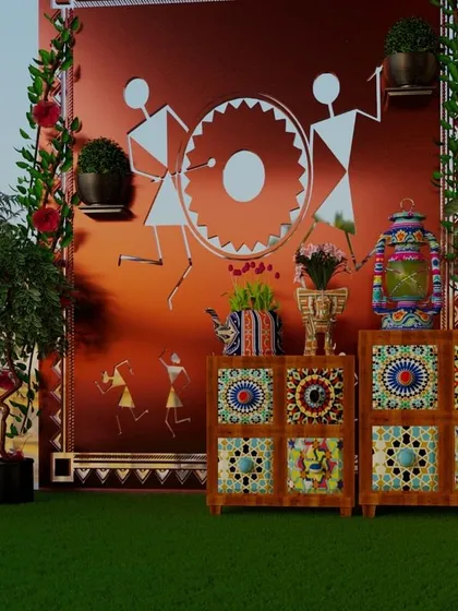 A closer look at the Warli art-themed balcony, highlighting the intricate details of the custom furniture and the vibrant, traditional decor that makes this space so special.