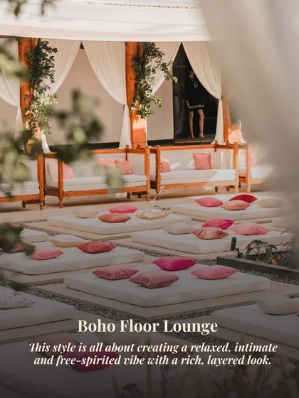 The "Boho Floor Lounge" is a relaxed and trendy seating option for a Mehendi or sundowner. I use low mattresses, colorful cushions, and soft drapes to create a comfortable and intimate vibe.