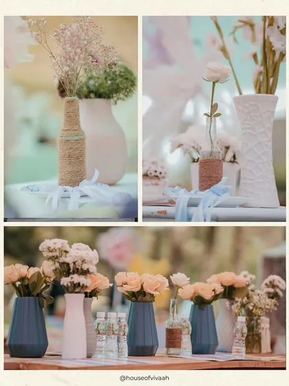 A collage of various floral arrangements in modern and rustic vases, showcasing the variety and artistry of the centerpieces at the Haldi lunch.