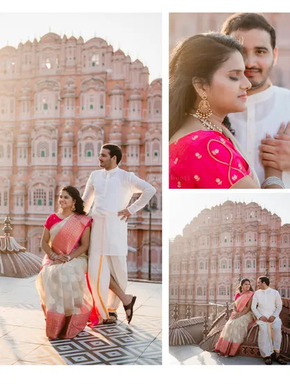 A beautiful collage of Shiva and Nidhi's shoot at Hawa Mahal, capturing the morning light on the iconic pink facade.
