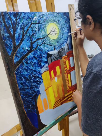 This extensive series follows a student's journey in creating a complex night-time city scene using a knife painting technique, from a blank canvas to a finished masterpiece.