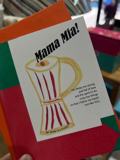 'Mama Mia!' A fun, quirky card for the mum who is a dude and makes you strong like a Moka pot coffee.