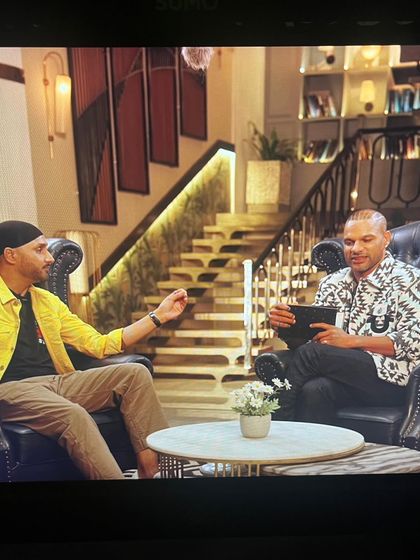 A behind-the-scenes moment from styling 'Dhawan Karenge', featuring hosts Shikhar Dhawan and Harbhajan Singh. I chose a bold printed shirt for Shikhar and a bright yellow jacket for Harbhajan.