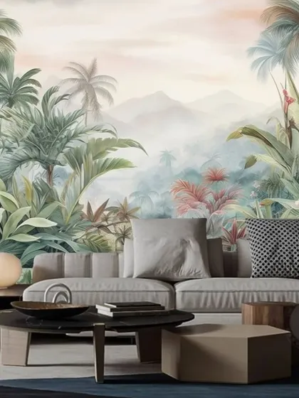 A dreamy tropical landscape wallpaper with misty mountains in the background, creating a peaceful and exotic ambiance.