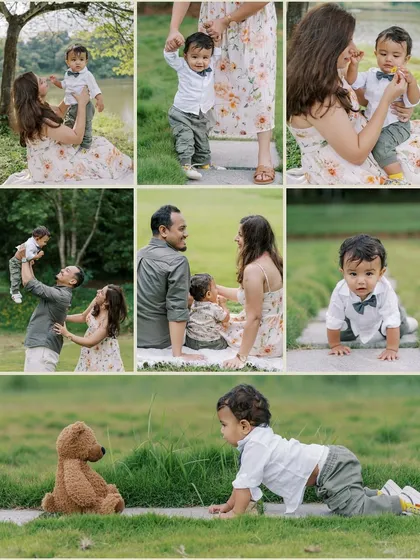 A collage showcasing the fun and variety of an outdoor first birthday session, from family cuddles to solo crawling adventures.