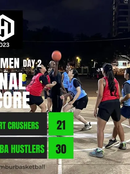A final score graphic from a women's game on Day 2 of Hooplah 2023.