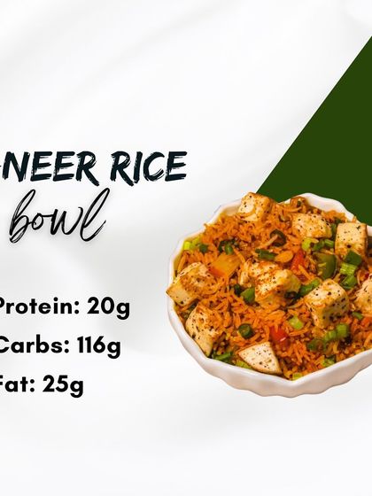 This is our Paneer Rice Bowl, a vegetarian meal that doesn't skimp on protein. It provides 20g of protein and is made with low-starch rice and fresh vegetables, making it both nutritious and easy to digest.