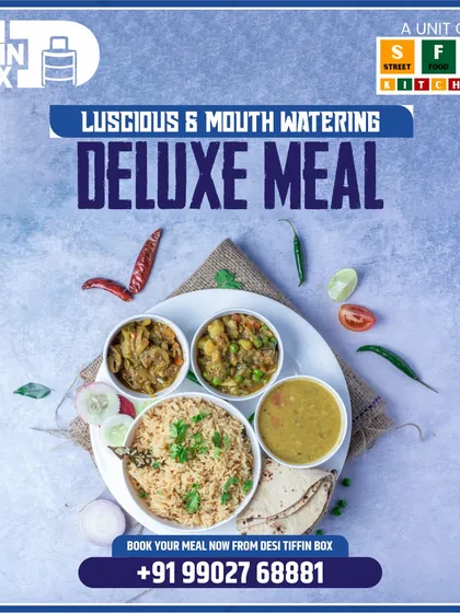When you're really hungry, my Deluxe Meal is the answer. It's a generous serving of our daily specials, including two sabjis, dal, rice, and roti, designed to be a luscious and mouth-watering feast.