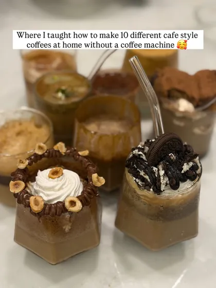A beautiful lineup of the 10 different cafe-style coffees I teach in my workshops. You'll learn to make everything from a Nutella Frappe to a classic Iced Mocha, all using simple ingredients and techniques.