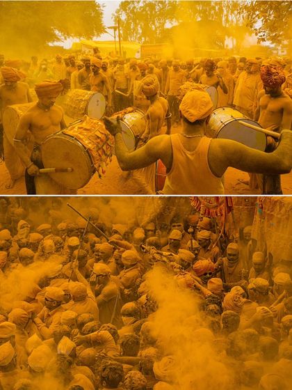 More scenes from the vibrant Vittal Birdev Yatra. This festival is a celebration of faith where everything is covered in yellow, and these ground-level shots capture the raw energy and devotion of the participants.