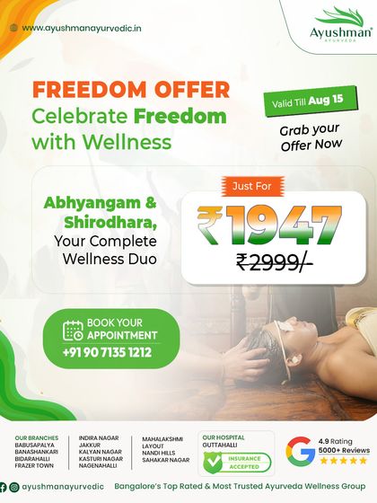 Our Freedom Offer celebrated Independence Day with a complete wellness duo: Abhyangam and Shirodhara. This package, offered at a special price, provided a perfect opportunity for clients to experience deep relaxation and rejuvenation.