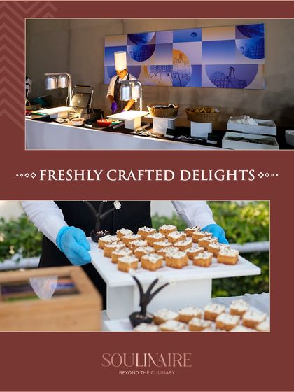 A collage of freshly crafted delights being served at a corporate function. Our team ensures every dish is served with care and precision.