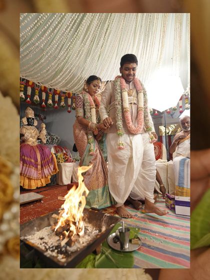 A collage showing the Saptapadi ritual, where the couple takes seven steps around the holy fire.
