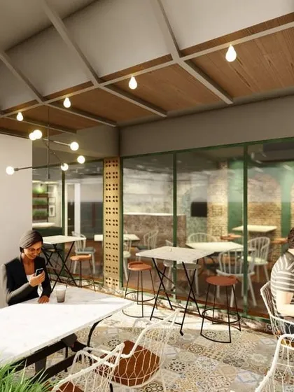 Another render of the outdoor patio, showing how the space would feel with patrons. This helped us refine the layout and ensure a comfortable and inviting al fresco dining experience.