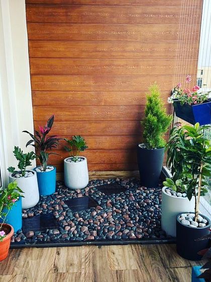 The finished look of a balcony garden with a wooden accent wall, pebble flooring, and a mix of colorful pots.