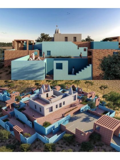 Aerial and eye-level renderings of the temple complex. The design creates a series of interconnected courtyards and terraces that follow the contours of the desert hillside.