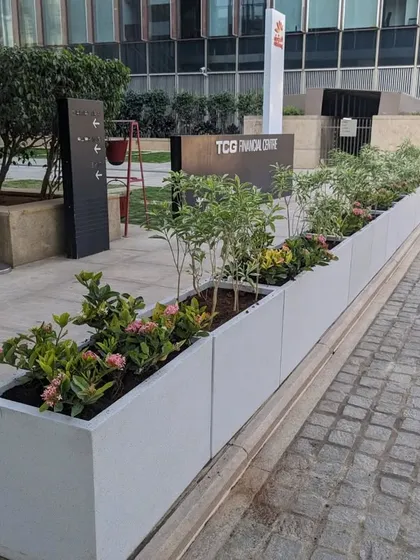 The finished line of planters at the TCG Financial Centre, adding a much-needed touch of nature to the modern building's exterior.